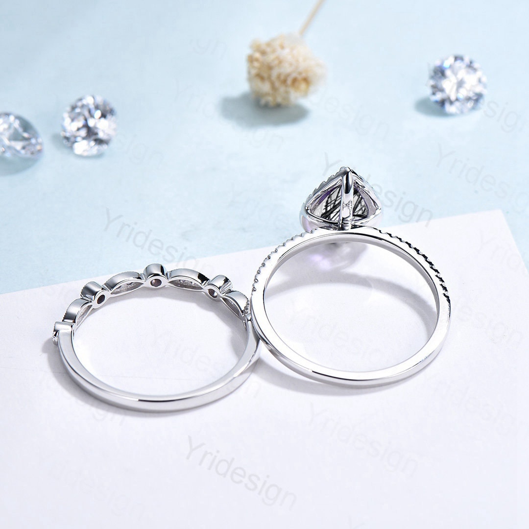 18K White Gold Black Rutilated Quartz Ring Set, Halo Diamond Bridal Set - PENFINE