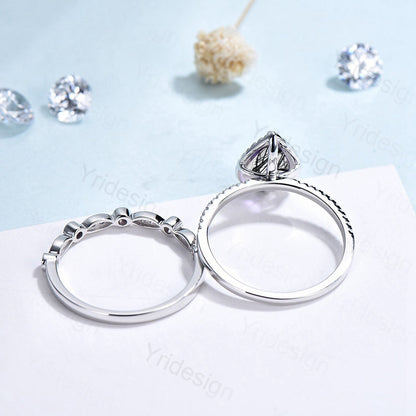 18K White Gold Black Rutilated Quartz Ring Set, Halo Diamond Bridal Set - PENFINE