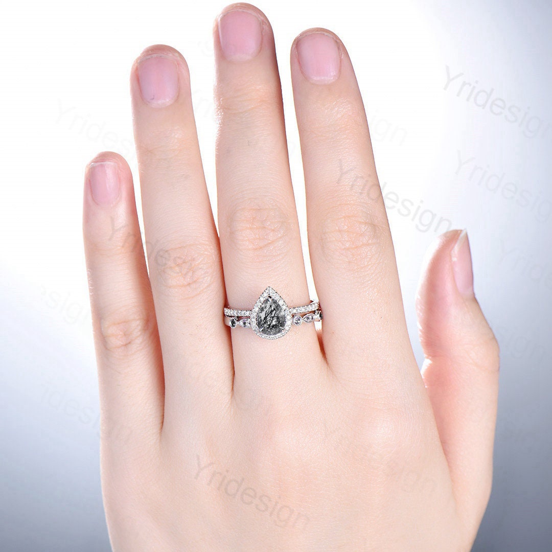 18K White Gold Black Rutilated Quartz Ring Set, Halo Diamond Bridal Set - PENFINE