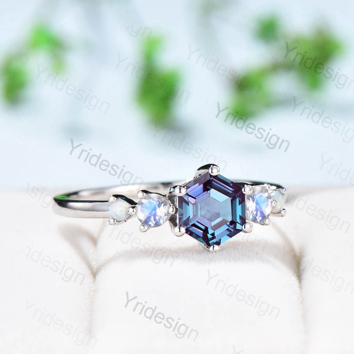 Vintage Alexandrite Engagement Ring Hexagon Cut Five Stone Promise Ring Accent Moss Agate/Emerald/Ruby/Amethyst/Opal Moonstone Bridal Ring - PENFINE