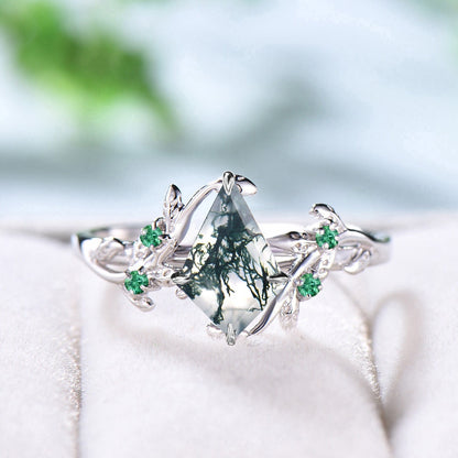 Vintage kite cut moss agate engagement ring set Nature Inspired green agate leaf vine ring cluster emerald eye bridal wedding set for women - PENFINE