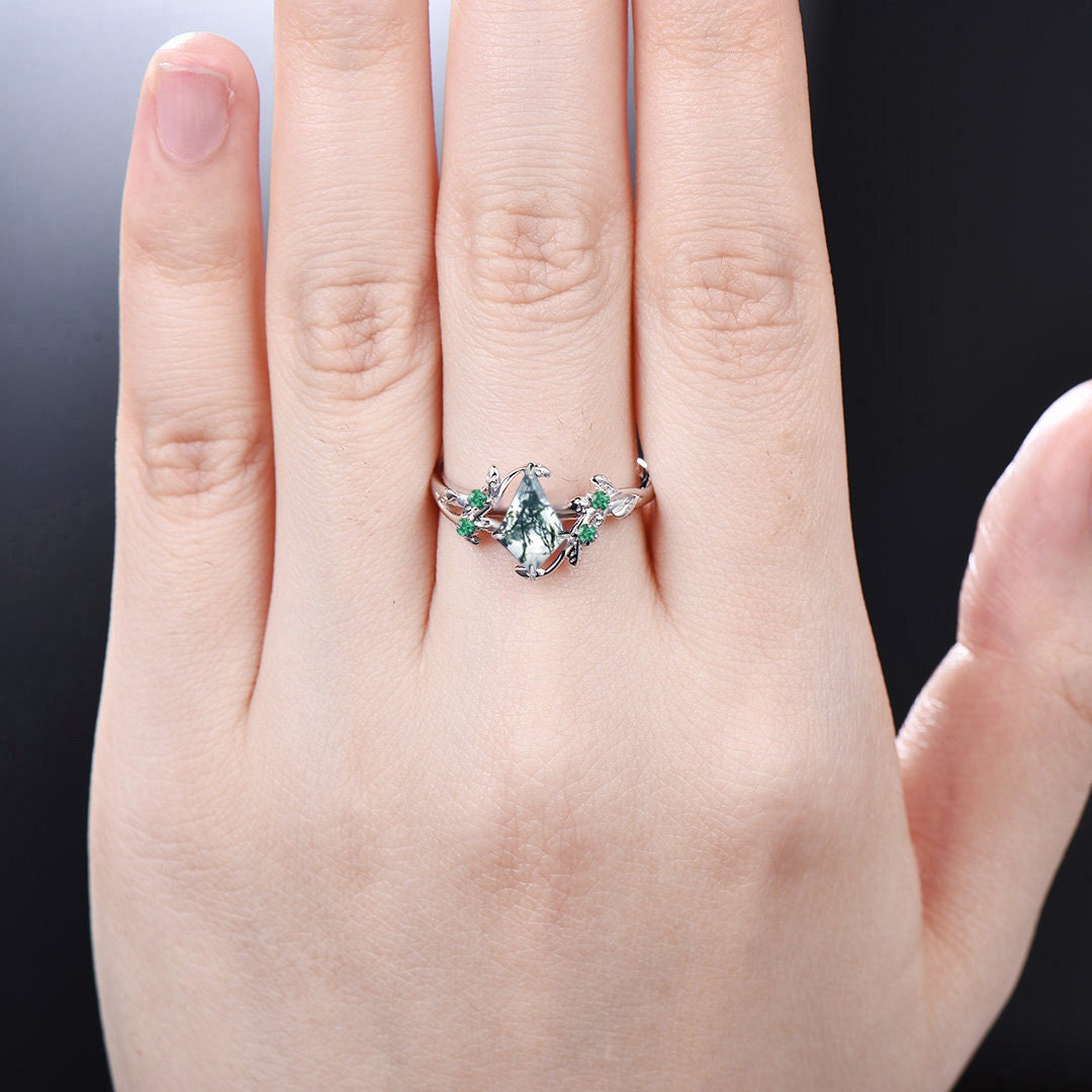 Unique black gold moss agate ring set Nature Inspired kite cut green agate engagement ring cluster emerald eye wedding ring set for women - PENFINE