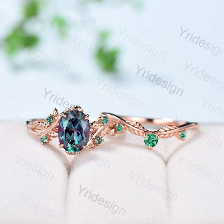 Unique leaf alexandrite wedding ring set Natural Inspired twig engagement ring unique leaves emerald stacking band Branch bridal set women - PENFINE