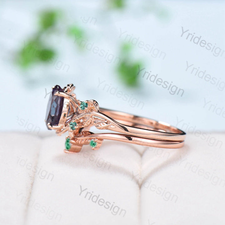 Unique leaf alexandrite wedding ring set Natural Inspired twig engagement ring unique leaves emerald stacking band Branch bridal set women - PENFINE