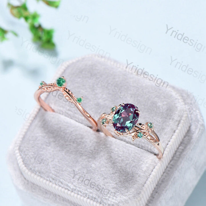 Unique leaf alexandrite wedding ring set Natural Inspired twig engagement ring unique leaves emerald stacking band Branch bridal set women - PENFINE