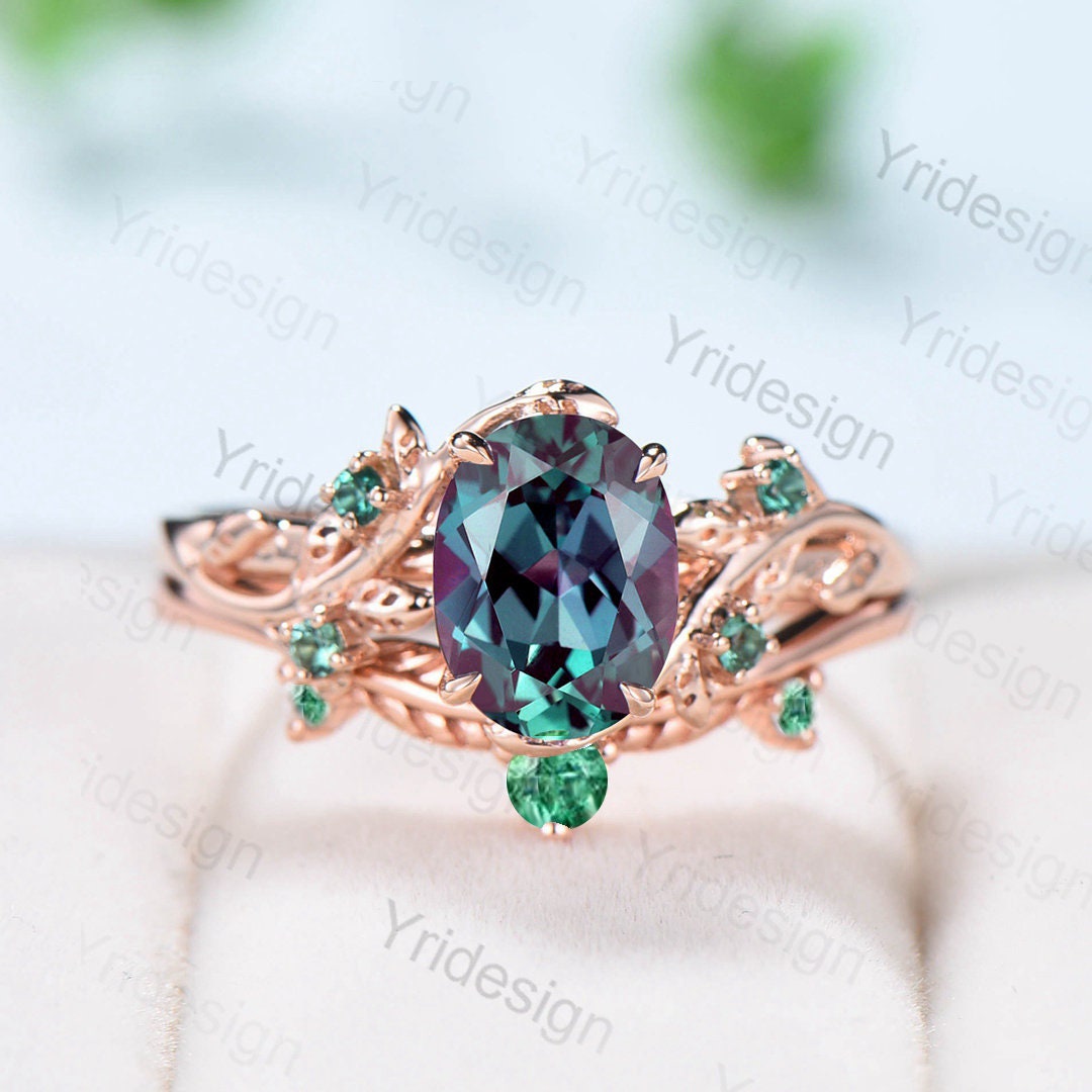 Unique leaf alexandrite wedding ring set Natural Inspired twig engagement ring unique leaves emerald stacking band Branch bridal set women - PENFINE