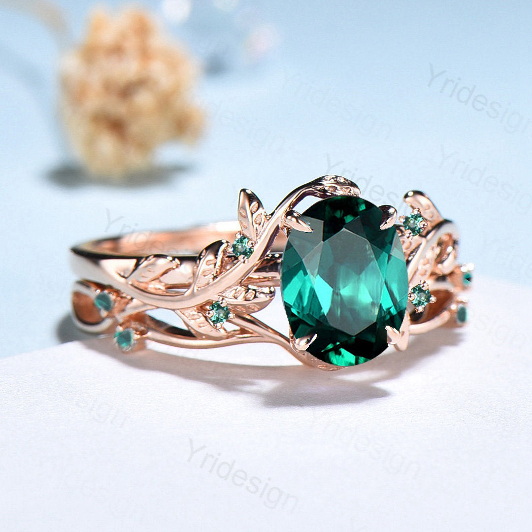 Unique black gold emerald ring set Nature Inspired oval emerald engagement ring vintage May birthstone leaf vine wedding ring set for women - PENFINE