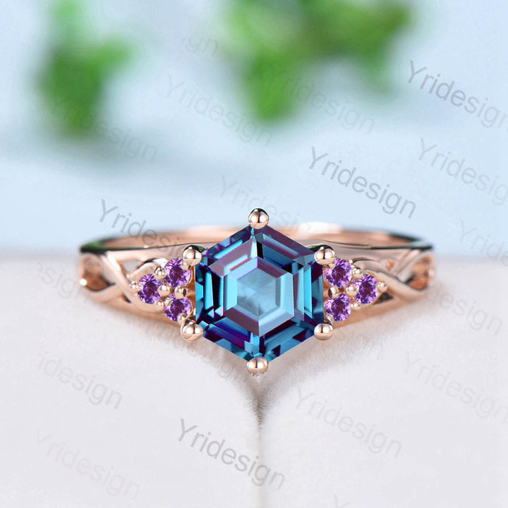 Vintage Alexandrite Engagement Ring Hexagon Cut Rose Gold Unique Cluster Amethyst Milgrain Diamond Wedding Ring Women Promise ring gift - PENFINE