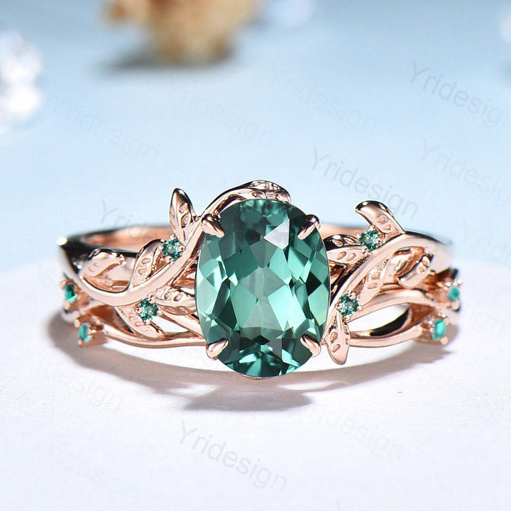 Natural Inspired Leaf green sapphire wedding ring set unique twig branch engagement ring Art deco rose gold cluster emerald women Bridal Set - PENFINE