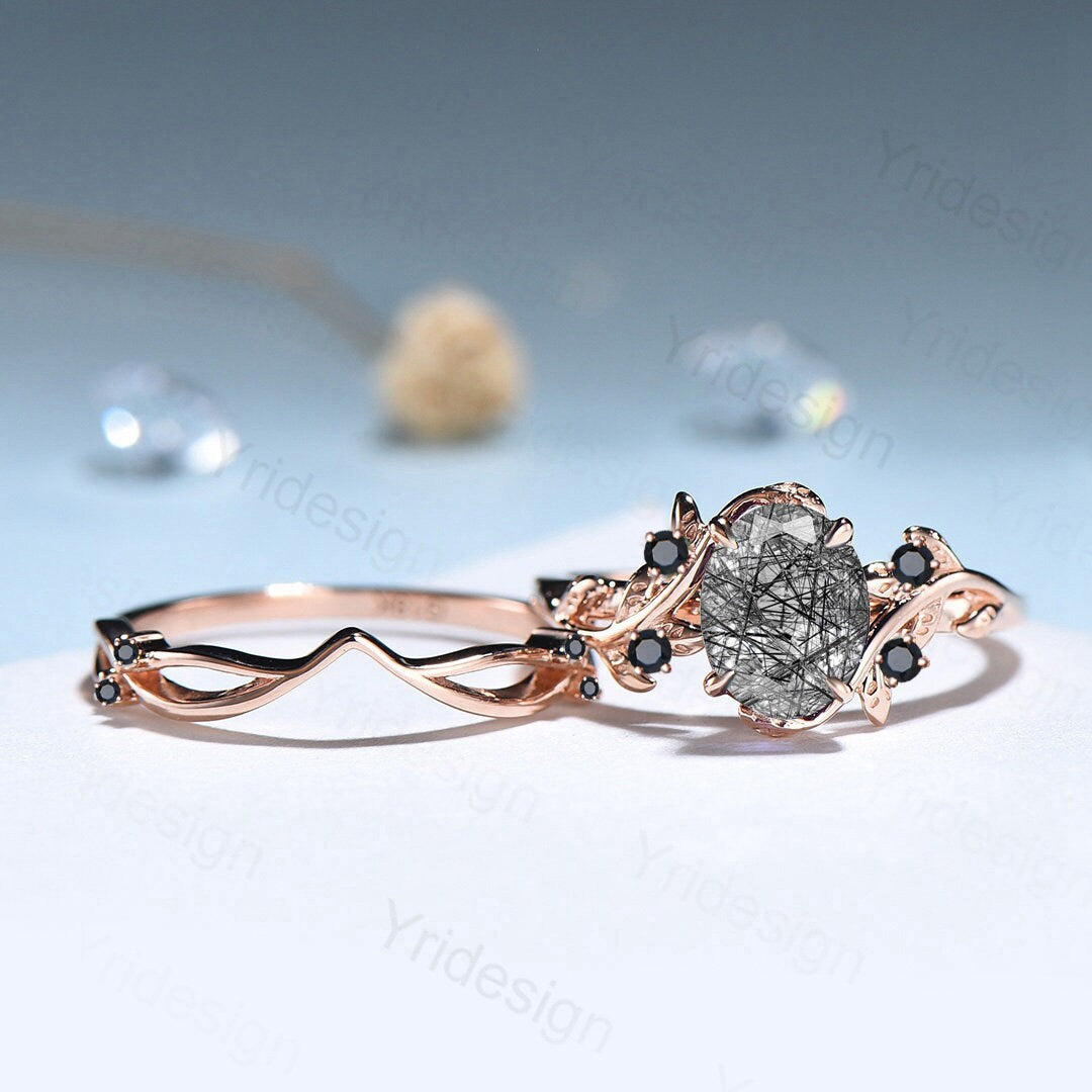 Natural Inspired Leaf Black Rutilated Quartz Ring Set 14K Rose Gold Leaf Vine Jewelry - PENFINE
