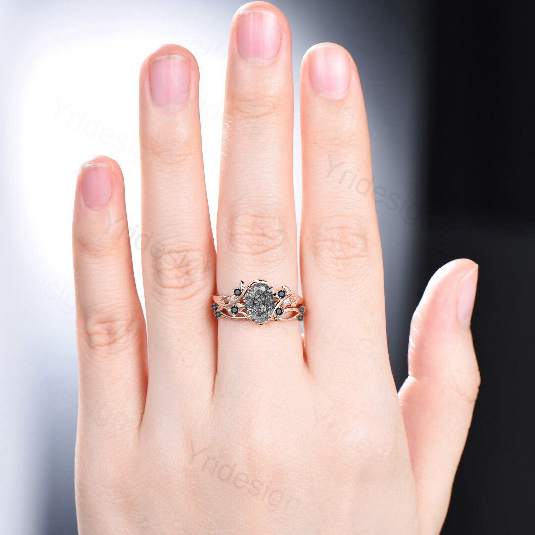 Natural Inspired Leaf Black Rutilated Quartz Ring Set 14K Rose Gold Leaf Vine Jewelry - PENFINE