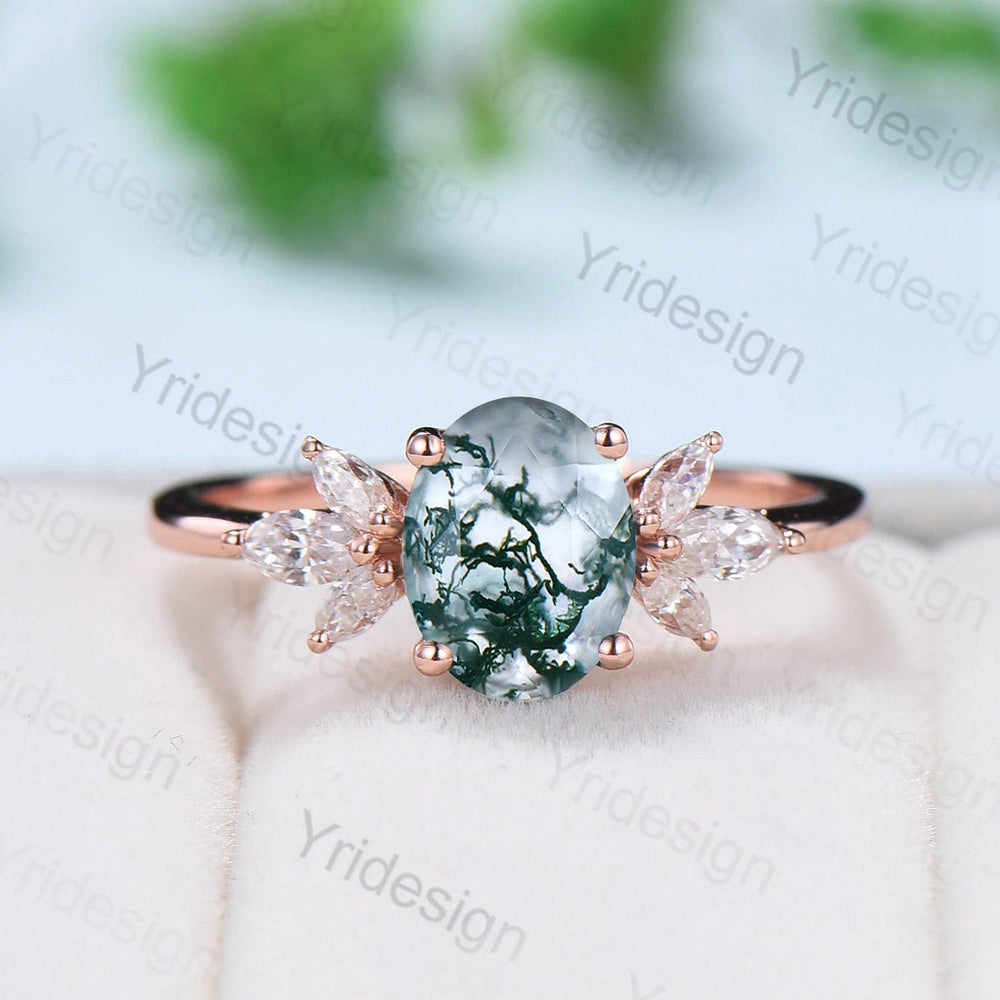 1.5CT Oval Natural Moss Agate Engagement Ring Cluster Diamond Green Agate Wedding Ring Art Deco Vintage Retro Green Crystal Anniversary Ring - PENFINE