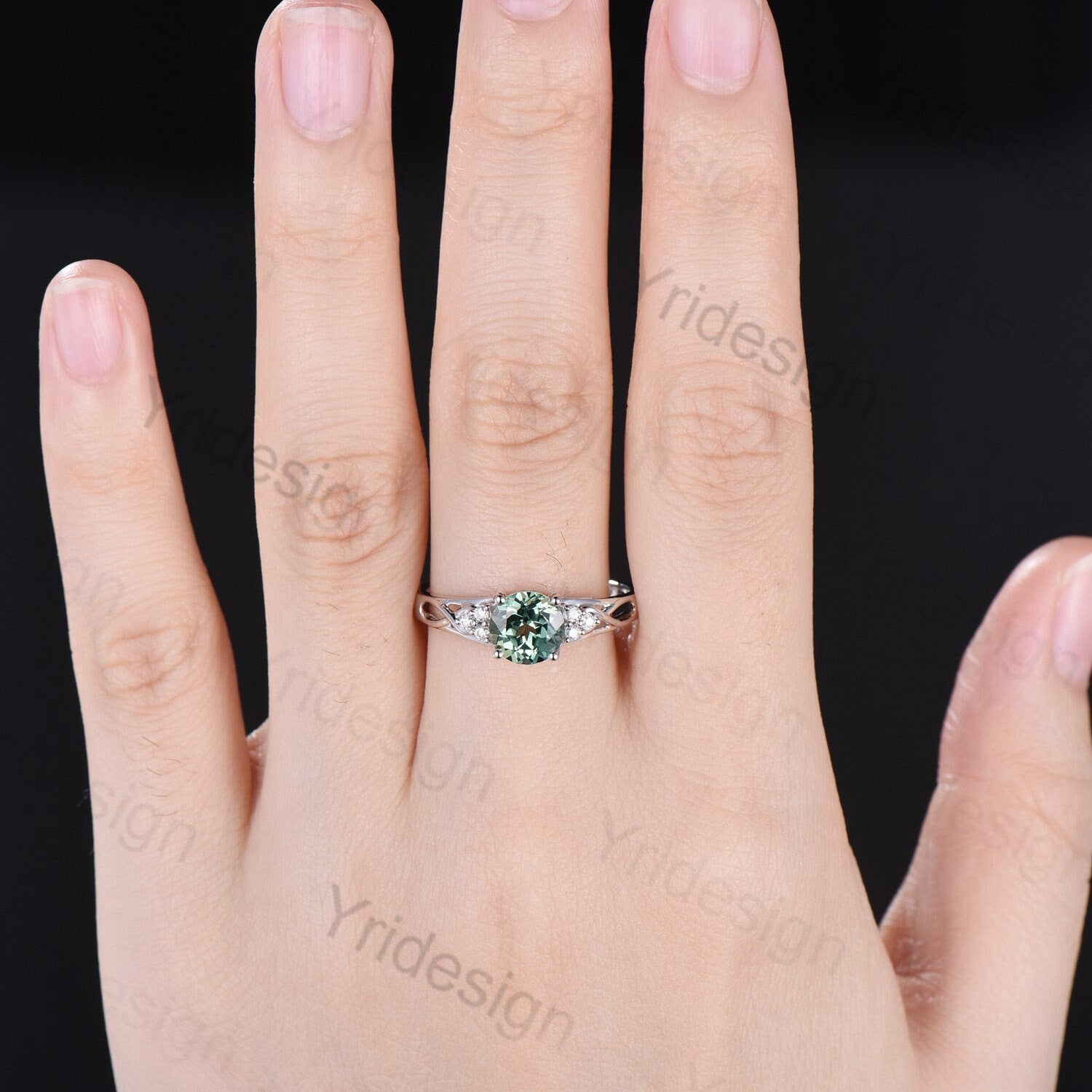 Vintage Green Sapphire Engagement Ring White Gold Solid 10K/14K/18K Gold Unique Cluster Moissanite Diamond Wedding Ring Anniversary gift - PENFINE