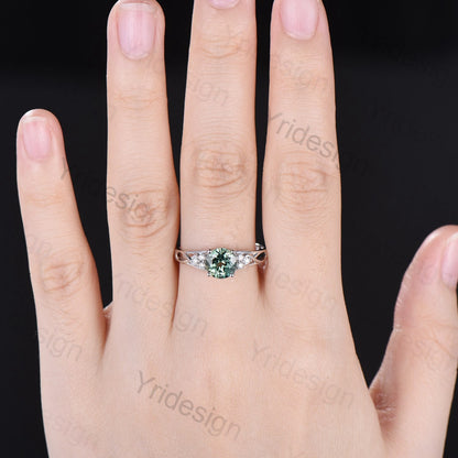Vintage Green Sapphire Engagement Ring White Gold Solid 10K/14K/18K Gold Unique Cluster Moissanite Diamond Wedding Ring Anniversary gift - PENFINE