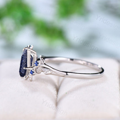 Nature Inspired Blue Sandstone Ring Kite Galaxy Star Twig Engagement Ring Leaf Branch Blue Gemstone Vintage Unique Wedding Ring for Women - PENFINE