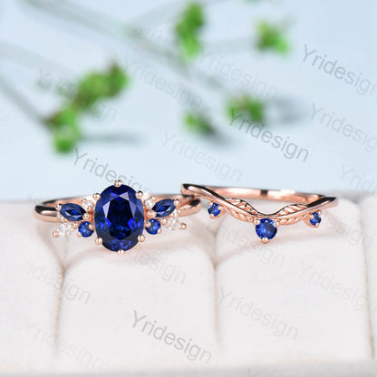 Vintage Sapphire Engagement Ring Set, 10K 14K 18K Solid White Gold Blue Sapphire Wedding Set, Leaf Stacking Band Bridal Promise Rings Set - PENFINE