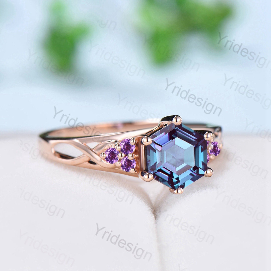 Vintage Alexandrite Engagement Ring Hexagon Cut Rose Gold Unique Cluster Amethyst Milgrain Diamond Wedding Ring Women Promise ring gift - PENFINE