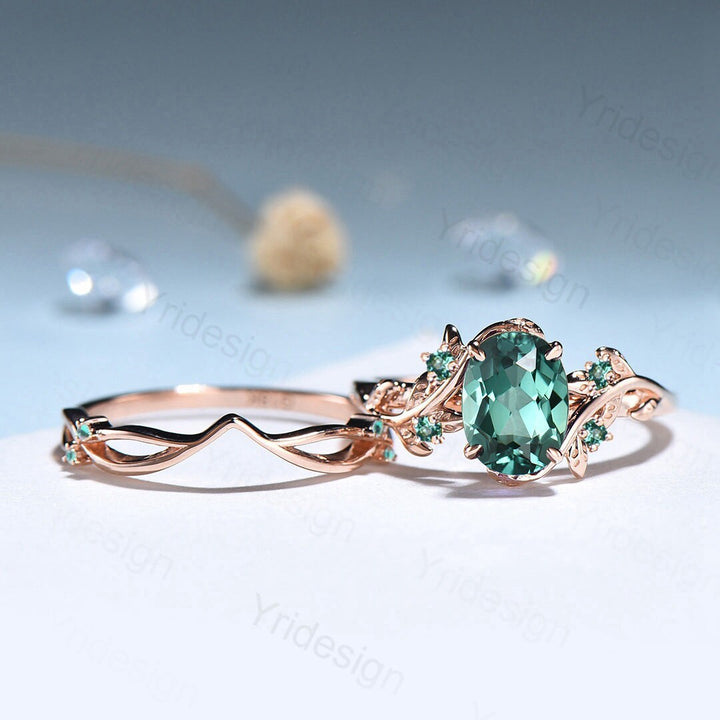 Natural Inspired Leaf green sapphire wedding ring set unique twig branch engagement ring Art deco rose gold cluster emerald women Bridal Set - PENFINE