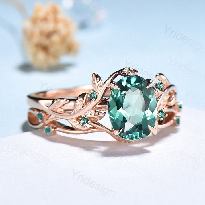 Natural Inspired Leaf green sapphire wedding ring set unique twig branch engagement ring Art deco rose gold cluster emerald women Bridal Set - PENFINE