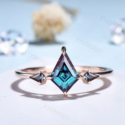 Dainty Black Gold Kite Cut Alexandrite Engagement Ring Minimalist Three Stone - PENFINE