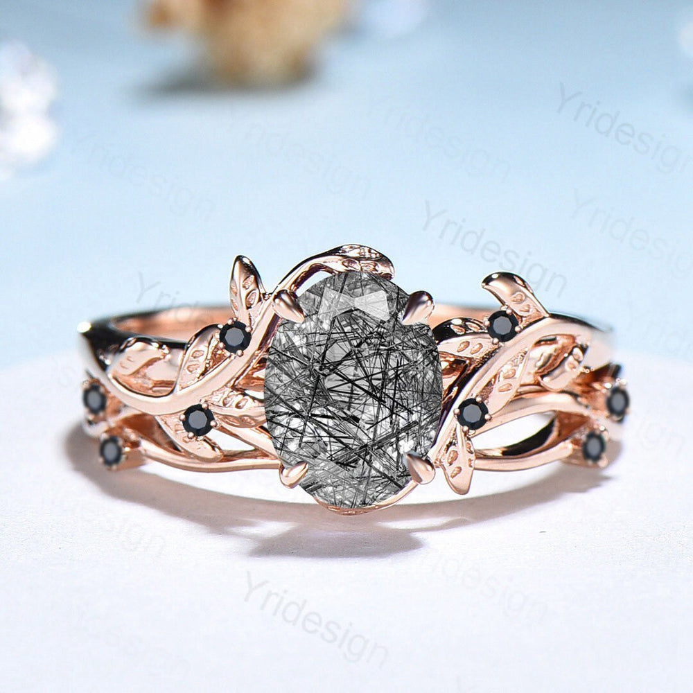 Natural Inspired Leaf Black Rutilated Quartz Ring Set 14K Rose Gold Leaf Vine Jewelry - PENFINE