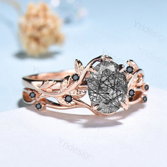 Natural Inspired Leaf Black Rutilated Quartz Ring Set 14K Rose Gold Leaf Vine Jewelry - PENFINE