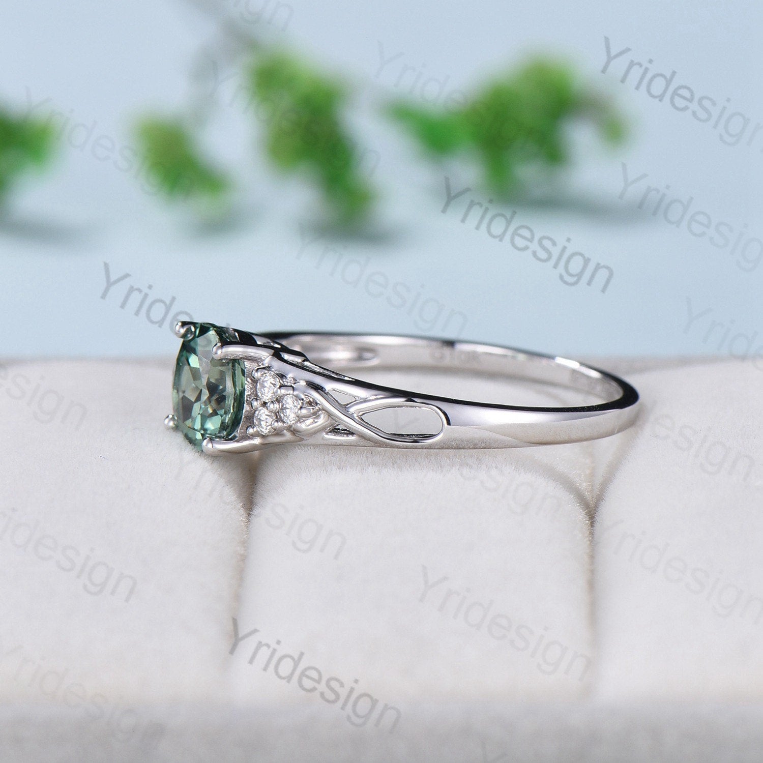 Vintage Green Sapphire Engagement Ring White Gold Solid 10K/14K/18K Gold Unique Cluster Moissanite Diamond Wedding Ring Anniversary gift - PENFINE