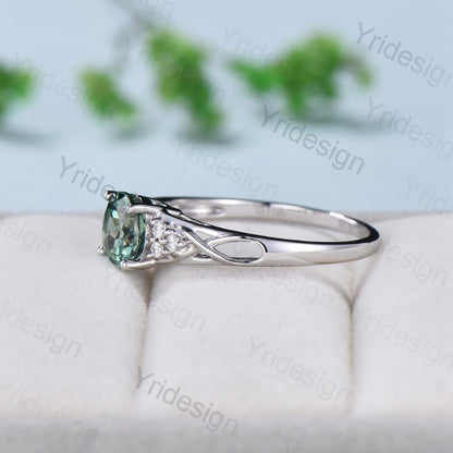 Vintage Green Sapphire Engagement Ring White Gold Solid 10K/14K/18K Gold Unique Cluster Moissanite Diamond Wedding Ring Anniversary gift - PENFINE