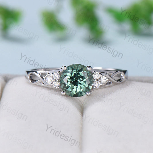 Vintage Green Sapphire Engagement Ring White Gold Solid 10K/14K/18K Gold Unique Cluster Moissanite Diamond Wedding Ring Anniversary gift - PENFINE