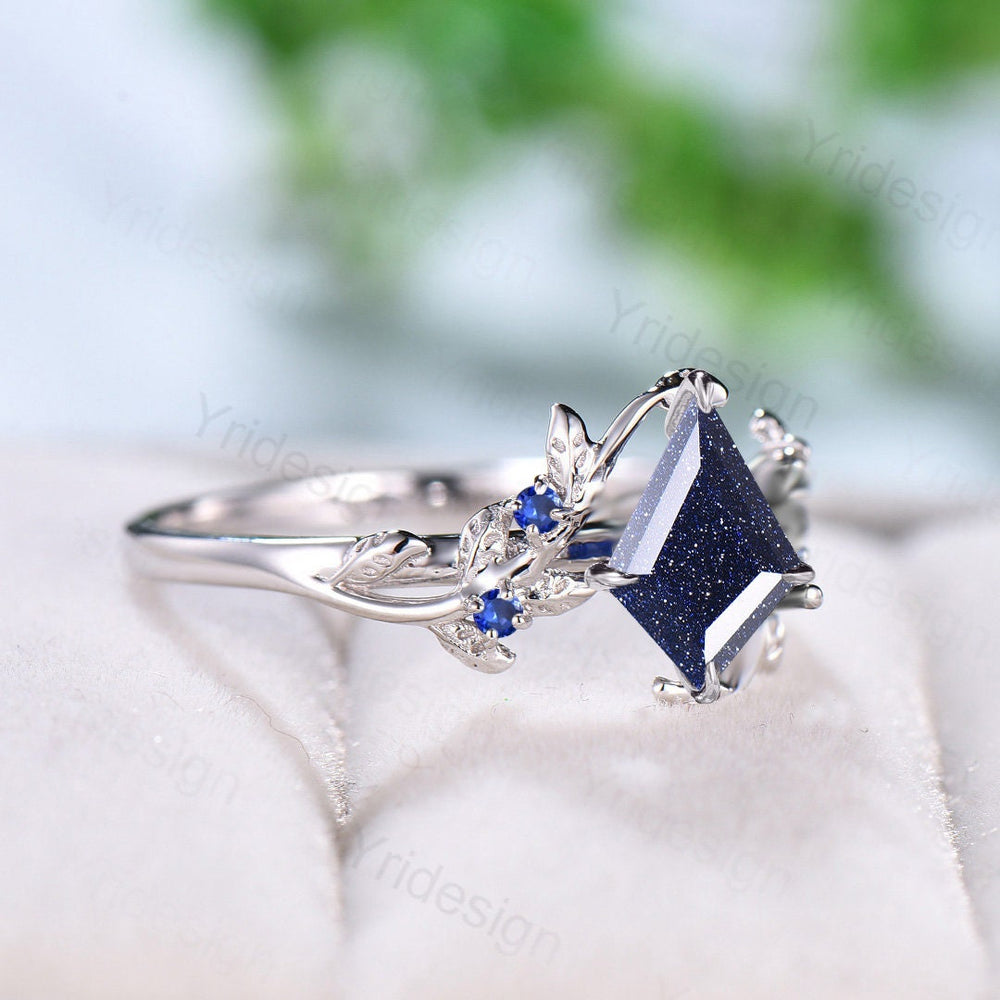 Nature Inspired Blue Sandstone Ring Kite Galaxy Star Twig Engagement Ring Leaf Branch Blue Gemstone Vintage Unique Wedding Ring for Women - PENFINE