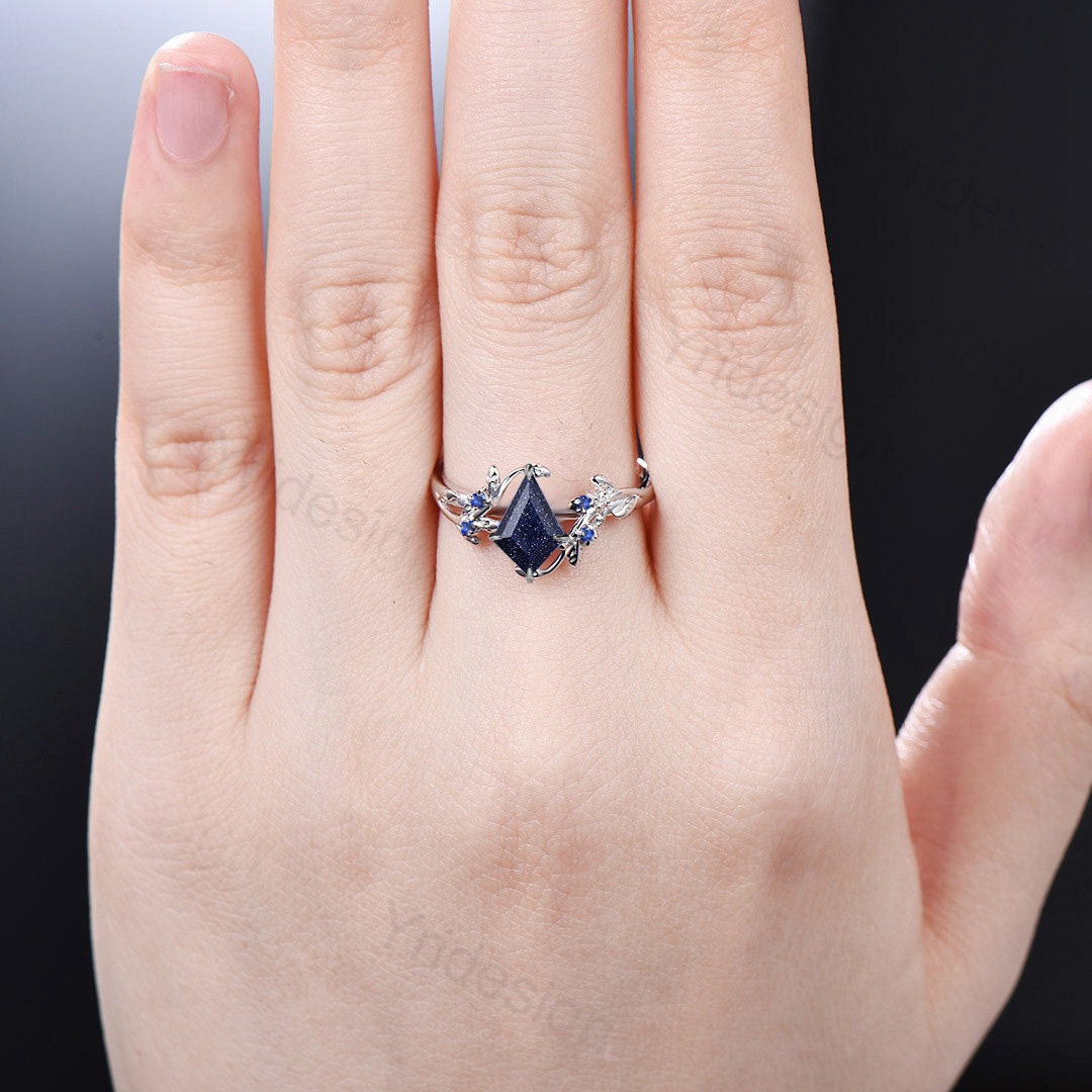 Nature Inspired Blue Sandstone Ring Kite Galaxy Star Twig Engagement Ring Leaf Branch Blue Gemstone Vintage Unique Wedding Ring for Women - PENFINE