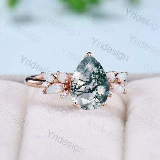 Vintage Moss Agate Engagement Ring Unique Pear Shaped Bee green crystal Wedding Ring Women Rose Gold Art Deco Cluster Opal Promise Ring - PENFINE
