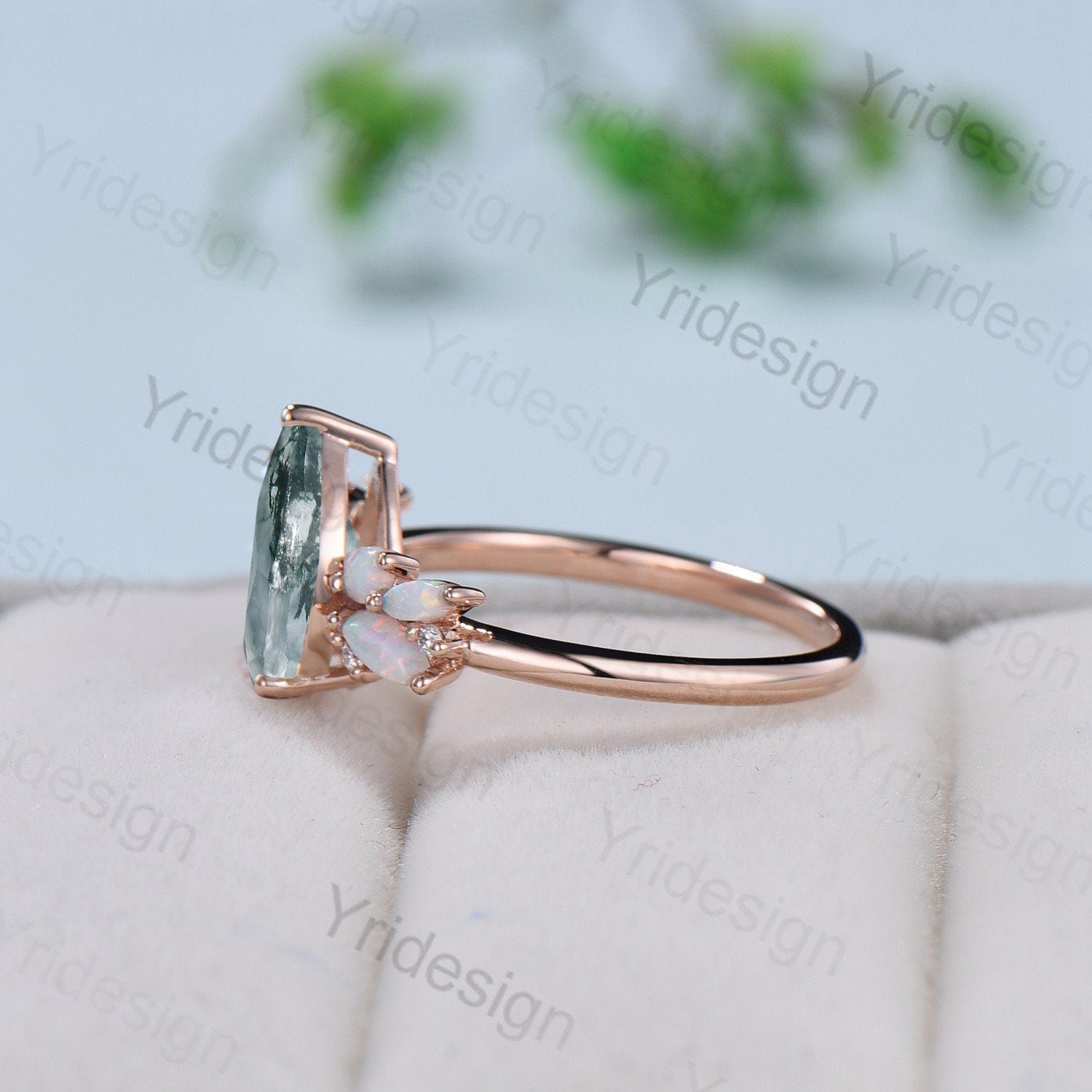 Vintage Moss Agate Engagement Ring Unique Pear Shaped Bee green crystal Wedding Ring Women  Rose Gold Art Deco Cluster Opal Promise Ring - PENFINE