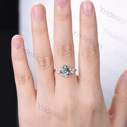 Vintage Moss Agate Engagement Ring Unique Pear Shaped Bee green crystal Wedding Ring Women  Rose Gold Art Deco Cluster Opal Promise Ring - PENFINE