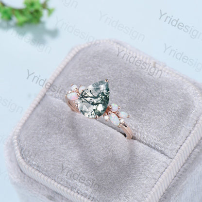 Vintage Moss Agate Engagement Ring Unique Pear Shaped Bee green crystal Wedding Ring Women  Rose Gold Art Deco Cluster Opal Promise Ring - PENFINE