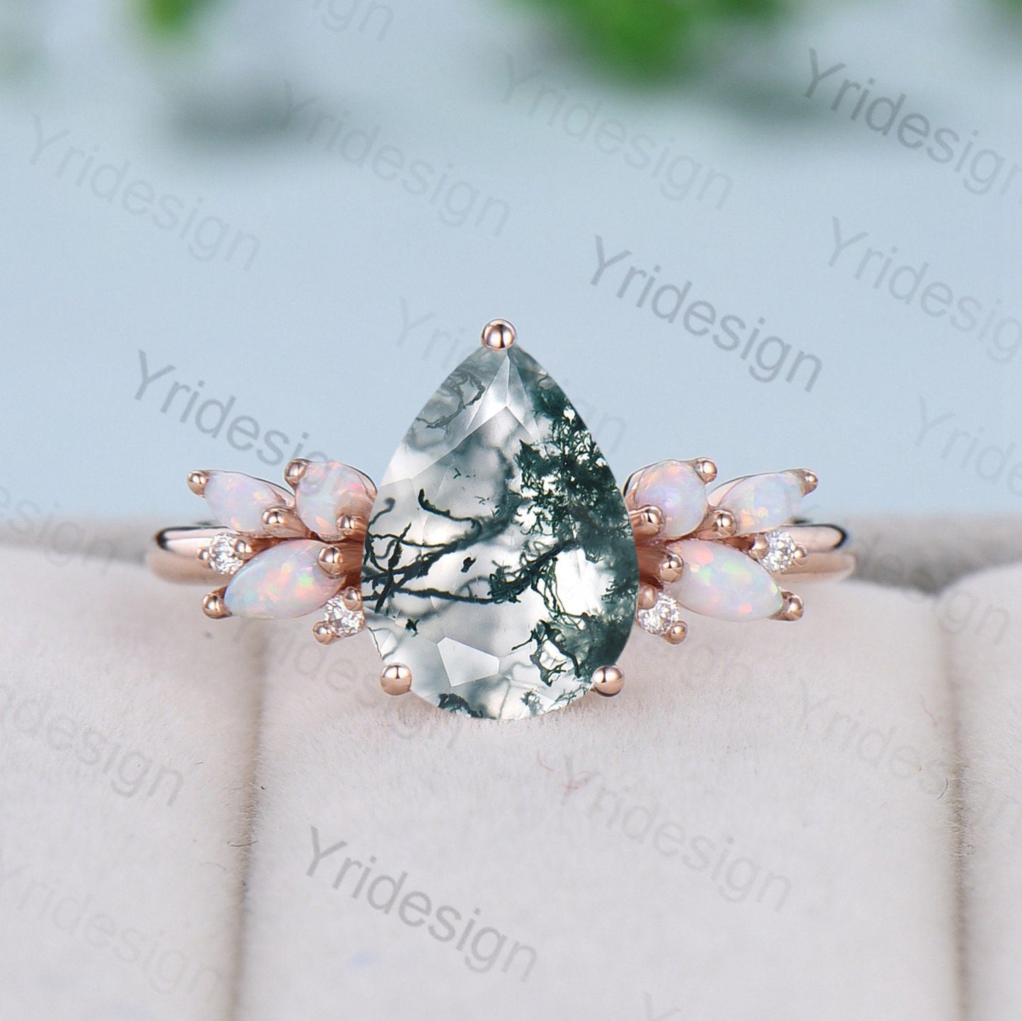Vintage Moss Agate Engagement Ring Unique Pear Shaped Bee green crystal Wedding Ring Women  Rose Gold Art Deco Cluster Opal Promise Ring - PENFINE
