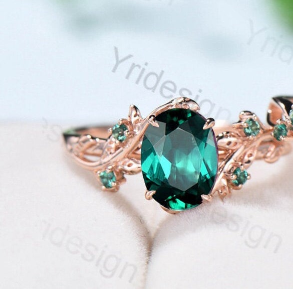 Unique black gold emerald ring set Nature Inspired oval emerald engagement ring vintage May birthstone leaf vine wedding ring set for women - PENFINE