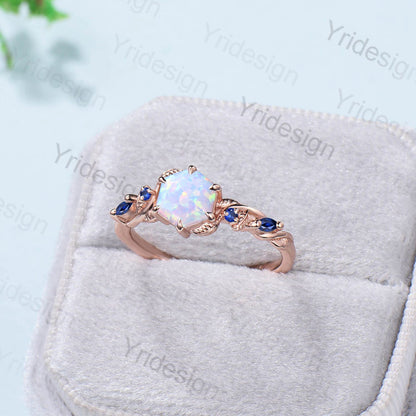Twig Opal Engagement Ring Vintage White Opal Leaf Vine Unique Nature Inspired Rose Gold Bridal Ring Branch Sapphire Wedding Ring for Women - PENFINE