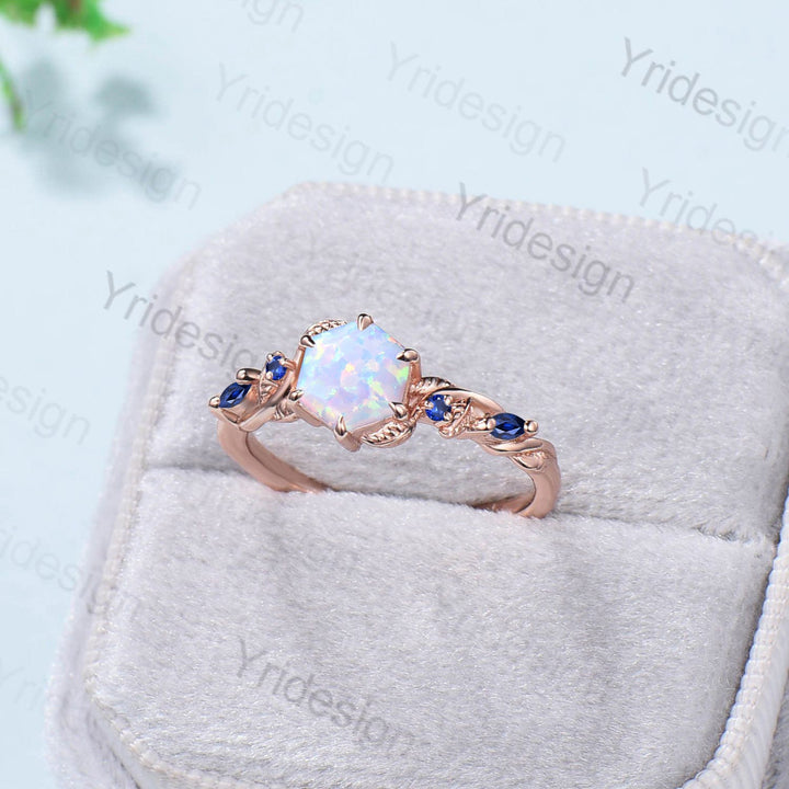 Twig Opal Engagement Ring Vintage White Opal Leaf Vine Unique Nature Inspired Rose Gold Bridal Ring Branch Sapphire Wedding Ring for Women - PENFINE
