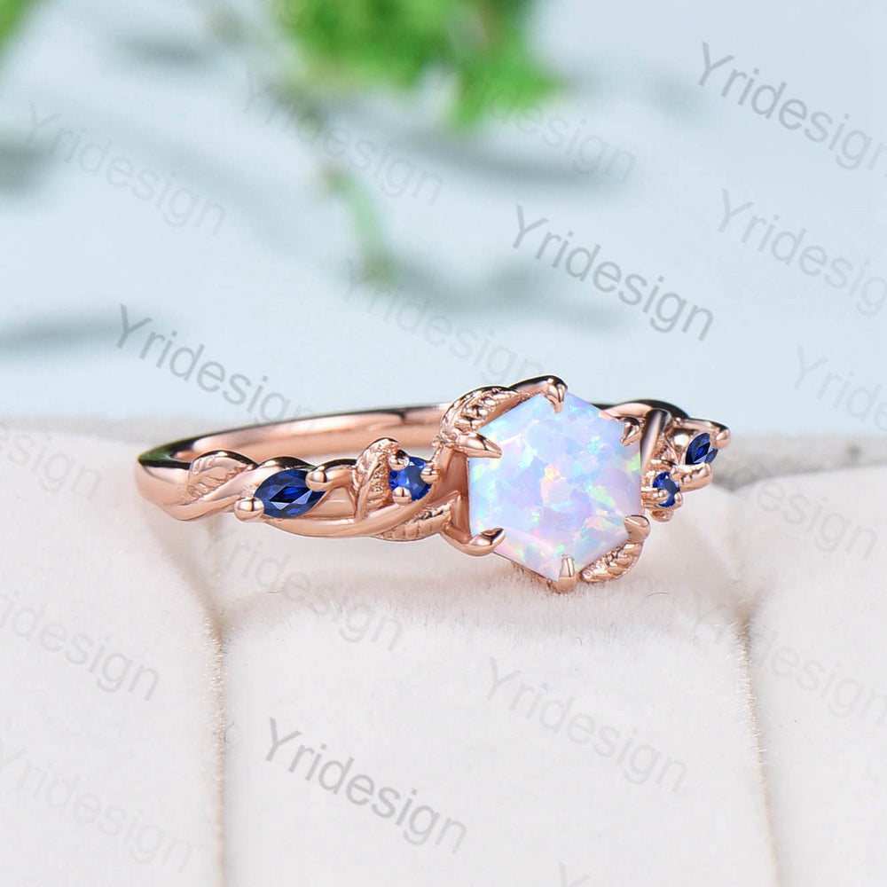 Twig Opal Engagement Ring Vintage White Opal Leaf Vine Unique Nature Inspired Rose Gold Bridal Ring Branch Sapphire Wedding Ring for Women - PENFINE