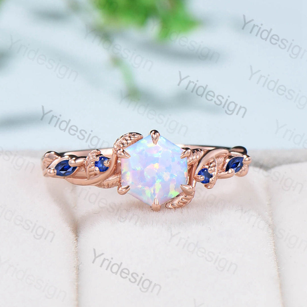 Twig Opal Engagement Ring Vintage White Opal Leaf Vine Unique Nature Inspired Rose Gold Bridal Ring Branch Sapphire Wedding Ring for Women - PENFINE