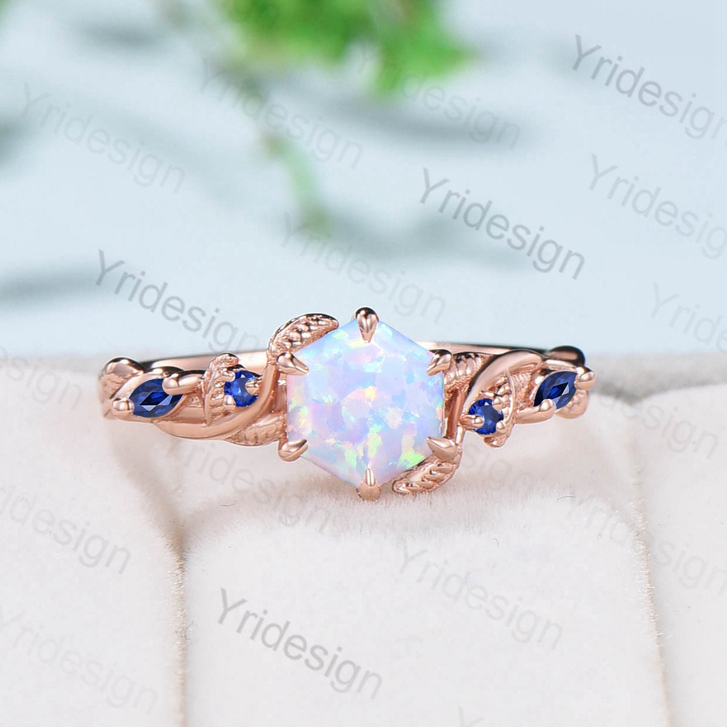 Twig Opal Engagement Ring Vintage White Opal Leaf Vine Unique Nature Inspired Rose Gold Bridal Ring Branch Sapphire Wedding Ring for Women - PENFINE