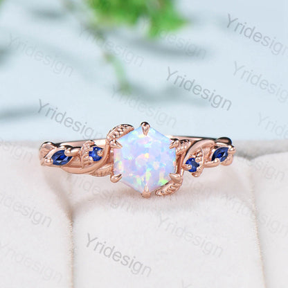 Twig Opal Engagement Ring Vintage White Opal Leaf Vine Unique Nature Inspired Rose Gold Bridal Ring Branch Sapphire Wedding Ring for Women - PENFINE
