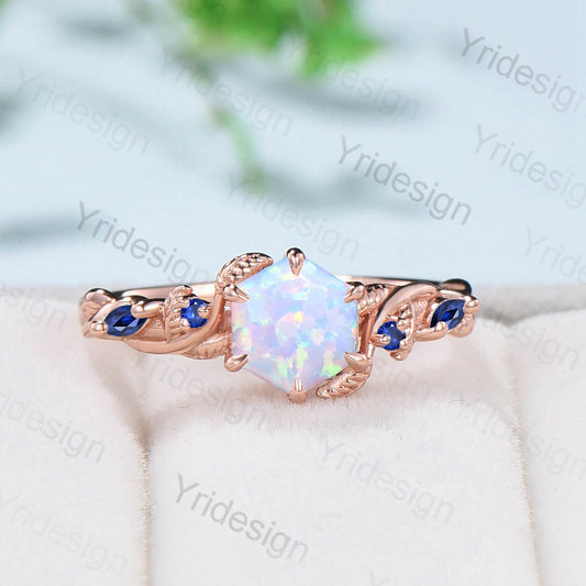 Twig Opal Engagement Ring Vintage White Opal Leaf Vine Unique Nature Inspired Rose Gold Bridal Ring Branch Sapphire Wedding Ring for Women - PENFINE
