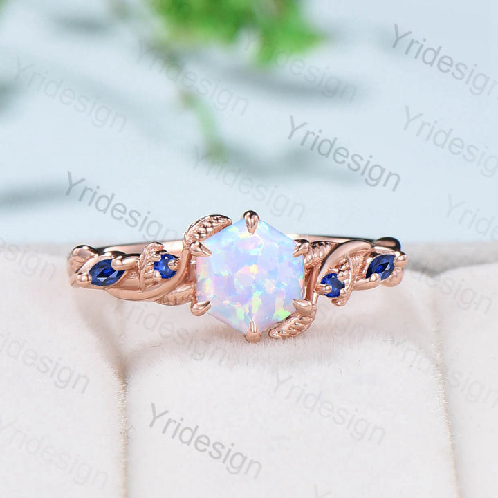 Twig Opal Engagement Ring Vintage White Opal Leaf Vine Unique Nature Inspired Rose Gold Bridal Ring Branch Sapphire Wedding Ring for Women - PENFINE