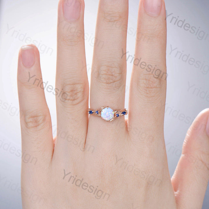 Twig Opal Engagement Ring Vintage White Opal Leaf Vine Unique Nature Inspired Rose Gold Bridal Ring Branch Sapphire Wedding Ring for Women - PENFINE
