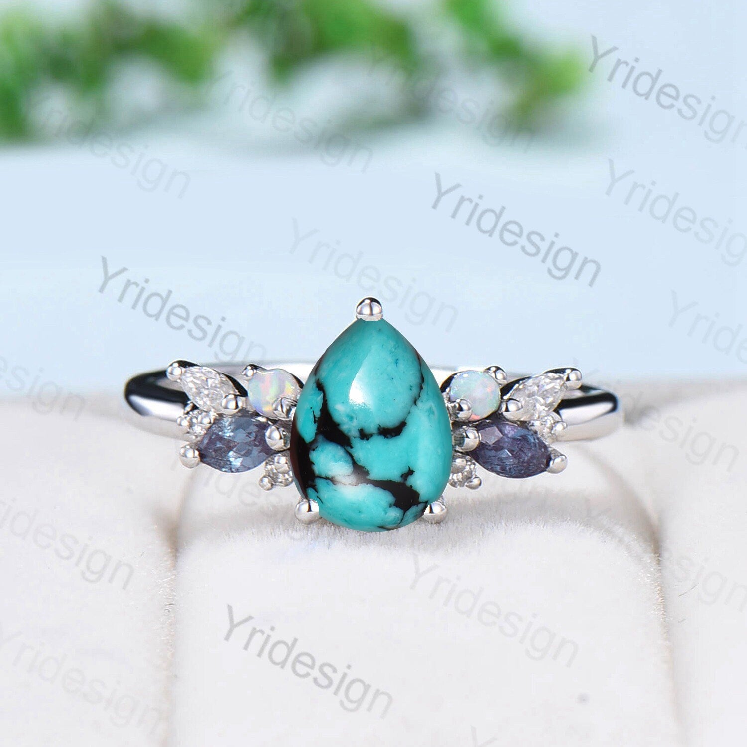 Teardrop Turquoise Engagement Ring: Rose Gold, Alexandrite & Opal Accents - PENFINE