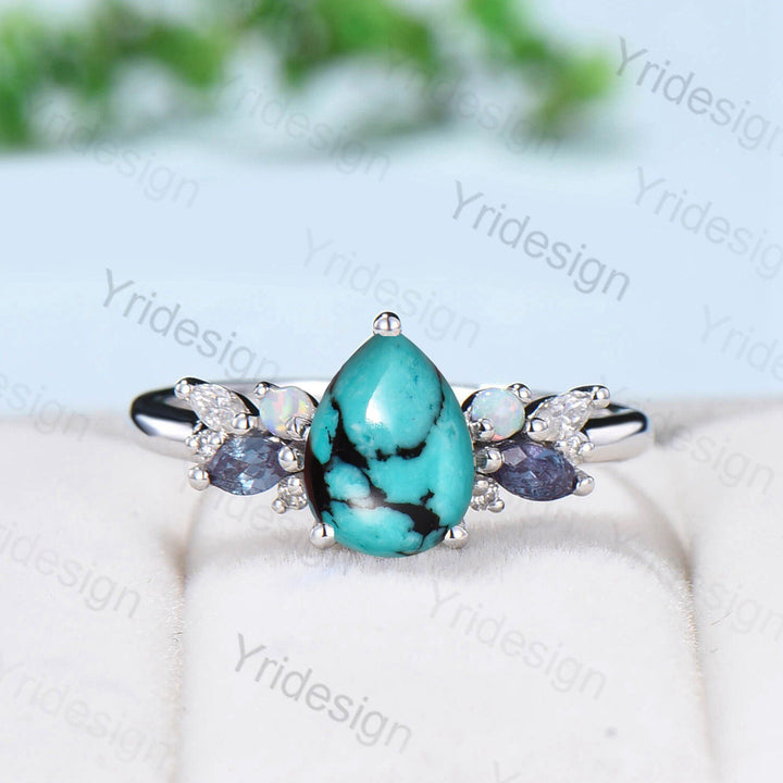 Teardrop Turquoise Engagement Ring: Rose Gold, Alexandrite & Opal Accents - PENFINE