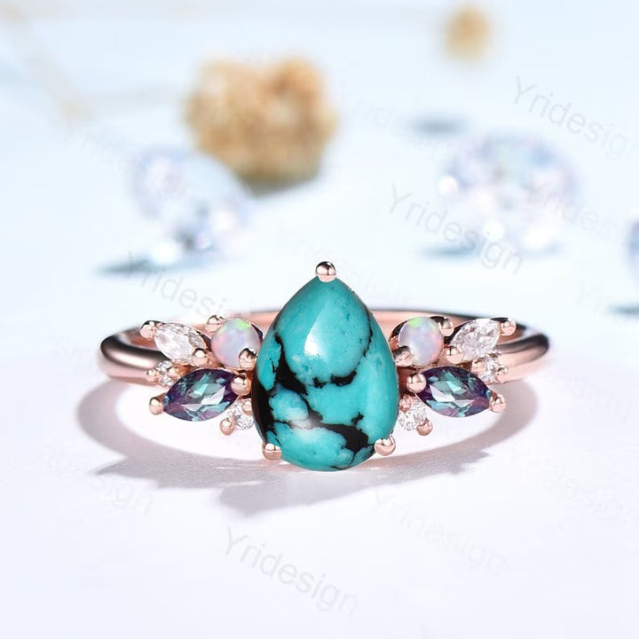 Teardrop Turquoise Engagement Ring: Rose Gold, Alexandrite & Opal Accents - PENFINE