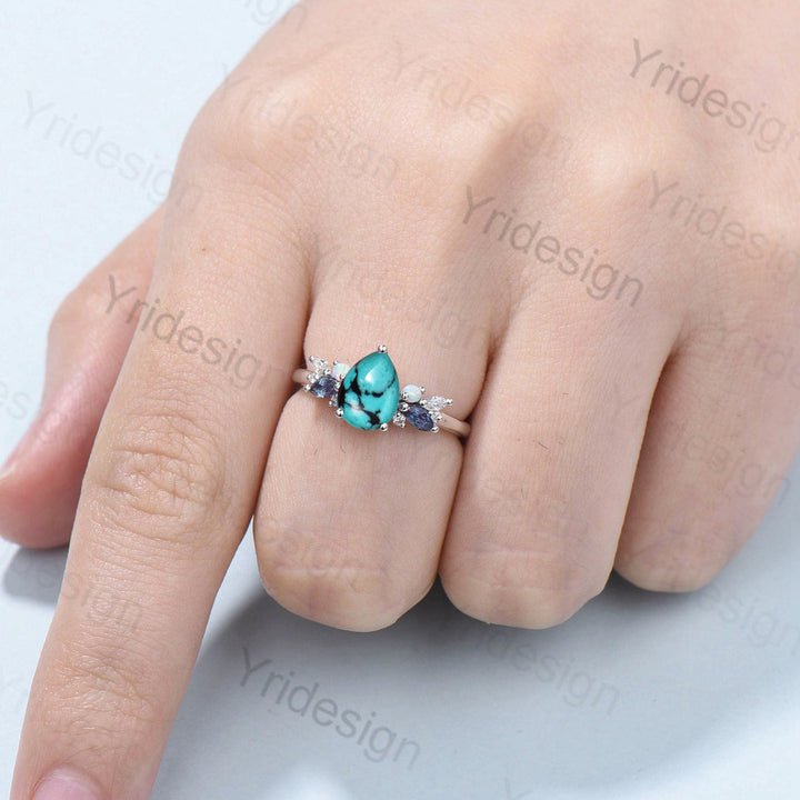 Teardrop Turquoise Engagement Ring: Rose Gold, Alexandrite & Opal Accents - PENFINE